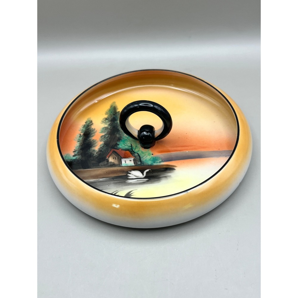 Antique 1904 Noritake Hand Painted Swan Landscape Tray Center Ring Handle 6"